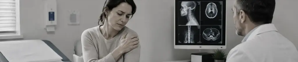 Woman sits in a medical exam room, holding her shoulder in visible pain as a clinician reviews imaging on a monitor behind her